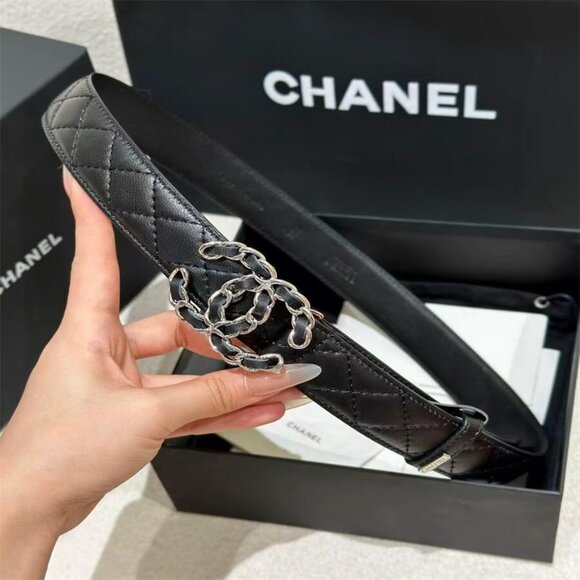 CHANEL NEW QUILTED BLACK LEATHER BELT WITH CC LOGO BUCKLE 💥RARE 💥size 85 - Picture 4 of 8